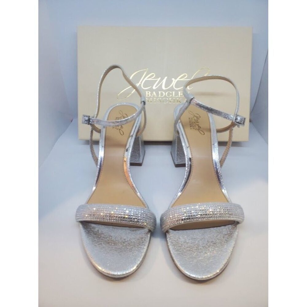 Jewel By Badgley Mischka Women's Earleen Silver Micro Glitter Block Heel Sandals